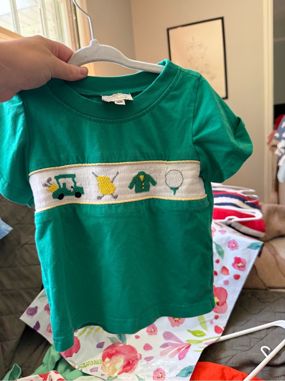 Kids Green Smocked Tee with Masters Playful Motif - Picture 2 of 2